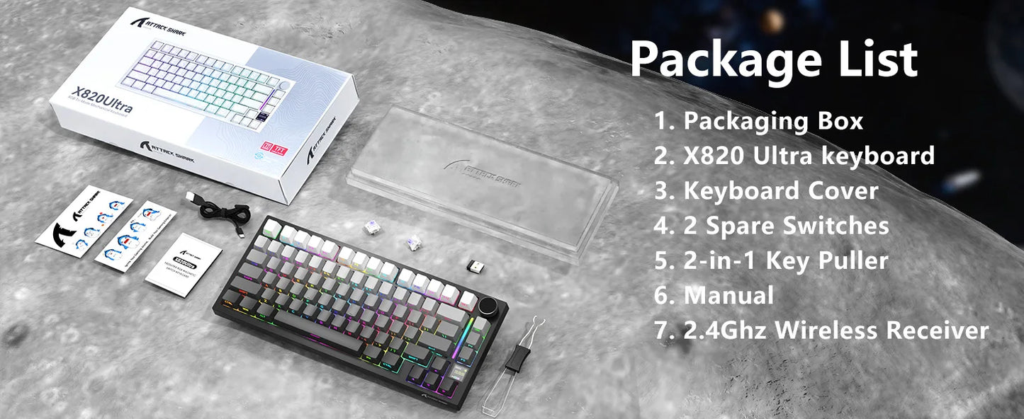 ATTACK SHARK X820 Ultra Gasket Mechanical Keyboard with TFT Screen & Knob, 75% ANSI Layout, Tri-mode, 5 Sound Absorbing Foams