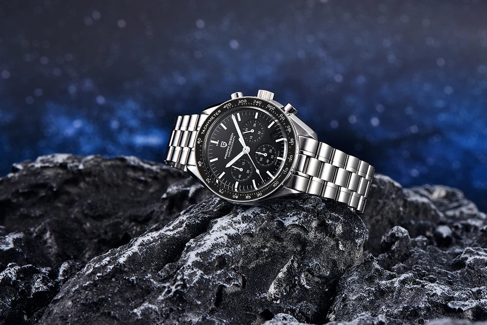 Relógio para homem PAGANI DESIGN «New Moon» – Relógio de quartzo de luxo, cronógrafo, vidro de safira com tratamento antirreflexo, luneta em cerâmica, ponteiros luminescentes