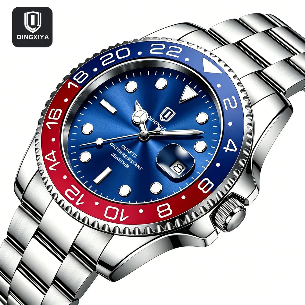QINGXIYA Luxe herenhorloges met kwartsmechanisme, roestvrij staal, waterdicht, verlicht, datumweergave, herenpolshorloge, reloj hombre