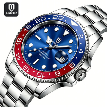 QINGXIYA Luxe herenhorloges met kwartsmechanisme, roestvrij staal, waterdicht, verlicht, datumweergave, herenpolshorloge, reloj hombre