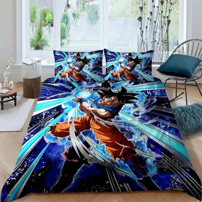 Rajzfilm/anime Son Goku Dragon Ball témájú nyomtatott ágyneműkészlet: Ez a puha és kényelmes készlet egy paplanhuzatot és párnahuzatot tartalmaz.