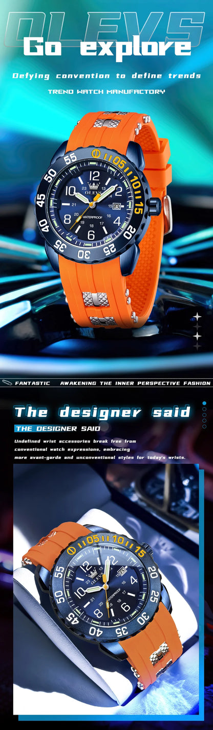 OLEVS Luxe herenhorloge met kwartsmechanisme, waterdicht, lichtgevend oranje siliconen band, sportieve herenhorloges in militaire stijl