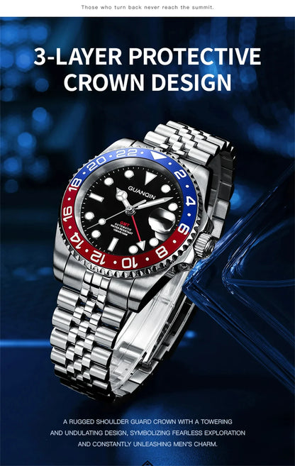 GUANQIN GMT Men's Watches 2025 New Atuomatic Watch Men NH34 Mechanical Wristwatch Sapphire Glass Stainless Steel Clock Left Hand