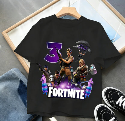 Dziecięca koszulka urodzinowa Fortnites z numerem dla dziewczynek i chłopców, letnia bawełniana koszulka dla niemowląt, imprezowy top z krótkim rękawem, prezent dla malucha