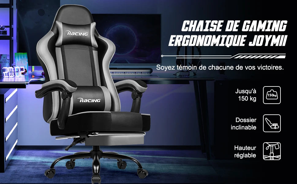 Daccormax Ergonomic Gaming Chair with Footrest, 170° Reclining PU Leather Racing Chair with Lumbar Support, Headrest & Office Comfort
