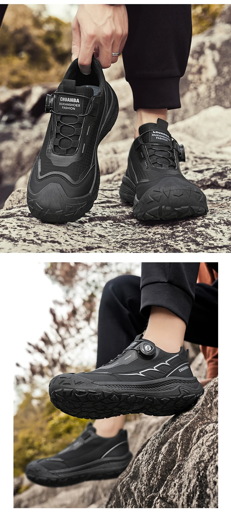 Rotary Buckle Men's Trekking Sneakers Outdoor Platform Hiking Shoes Comfortable Non-Slip Climbing Walking Shoes for Men