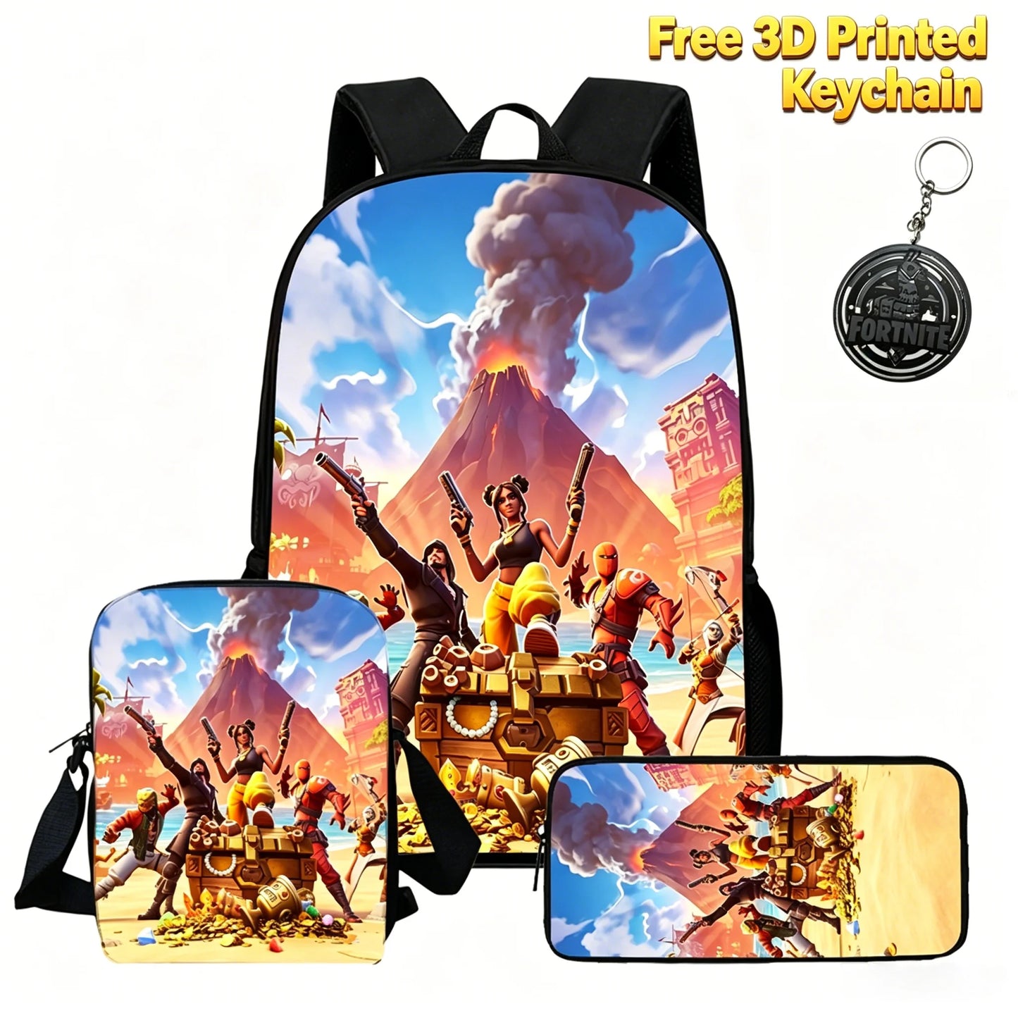 3Pcs Kids Backpack Set, Crossbody & Pencil Bag, FORTNITE Cartoon Bag, Lightweight for Boys Girls 5-10, Free 3D Printed Keychain