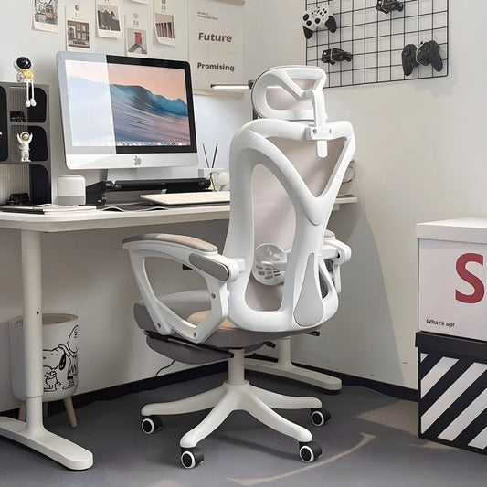 Fauteuil de salon ergonomique inclinable à dossier haut en maille, fauteuil de jeu à bascule, fauteuil de bureau pivotant et roulant avec coussin de soutien lombaire