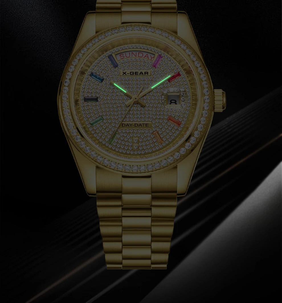 X-GEAR Men Luxury Watches Full diamond dial Diamond bezel Mechanical Watch Luminous Date Week Display Stainless Steel Case Strap