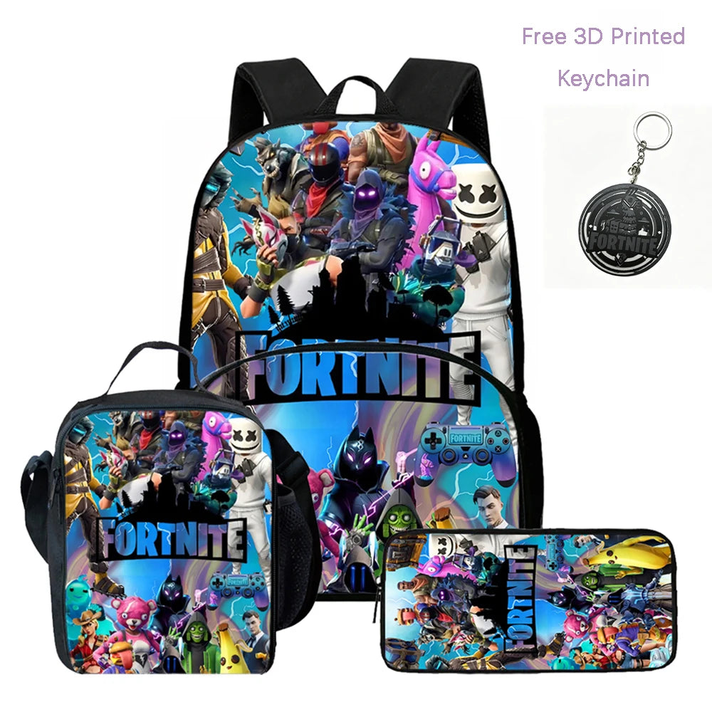Lightweight FORTNITE 3Pcs Backpack With Front Pocket Lunch Bag Pencil Bag Free 3D Printed Keychain For Boys Girls Kids Aged 5-10