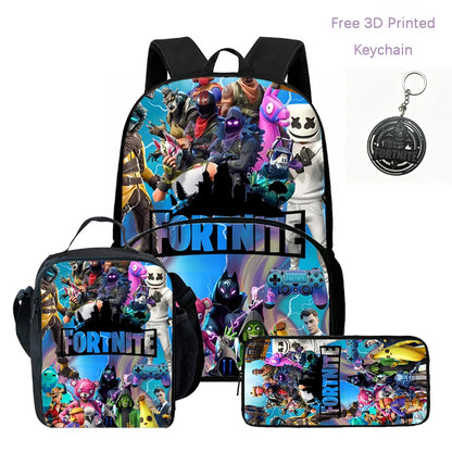Lightweight FORTNITE 3Pcs Backpack With Front Pocket Lunch Bag Pencil Bag Free 3D Printed Keychain For Boys Girls Kids Aged 5-10