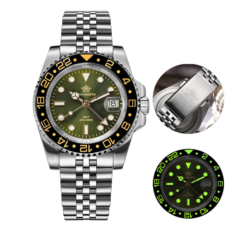 ADDIESDIVE Watch For Men Quartz GMT 20Bar Waterproof BGW9 Super Luminous 316L Stainless Steel Ceramic Bezel Watch