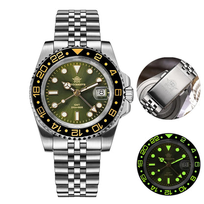 ADDIESDIVE Watch For Men Quartz GMT 20Bar Waterproof BGW9 Super Luminous 316L Stainless Steel Ceramic Bezel Watch