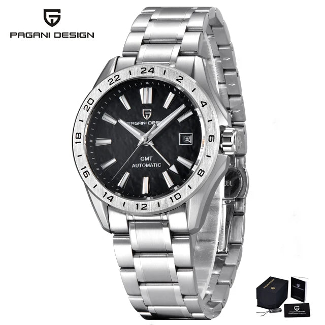 Pagani Design Men's Luxury GMT Automatic Watch Stainless Steel Case Sapphire Glass 100m Waterproof Mechanical Business Watch