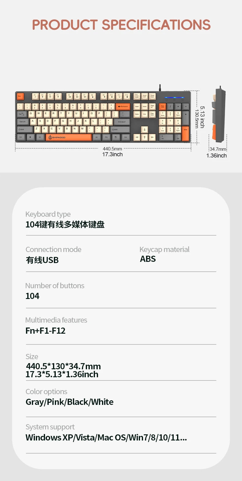104 Keys Wired Gaming Keyboard Ergonomics Splash Water Colorful ABS Wear-resistant Keycaps Keyboards with Technology Light Key