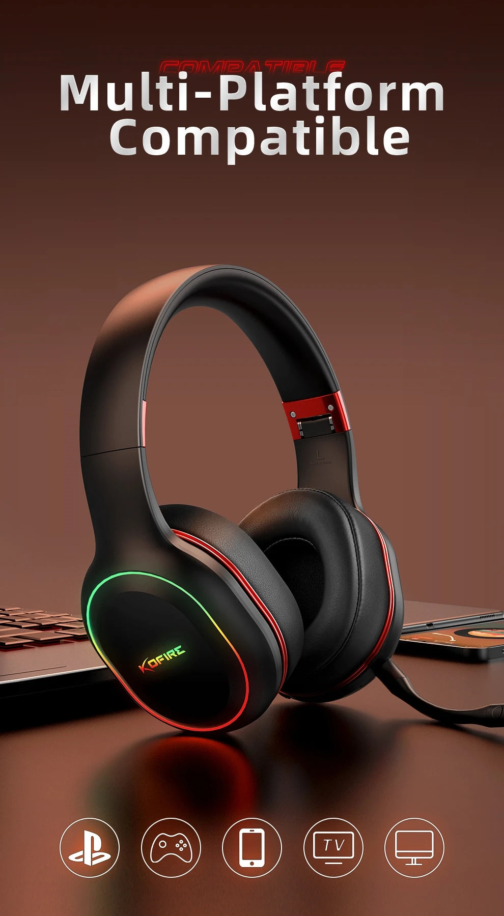 Kofire UG-05 Wireless Gaming Headset with Mic, RGB Lights, 2.4G Bluetooth 5.0 Gaming Headphones for PS5 PS4 PC Switch