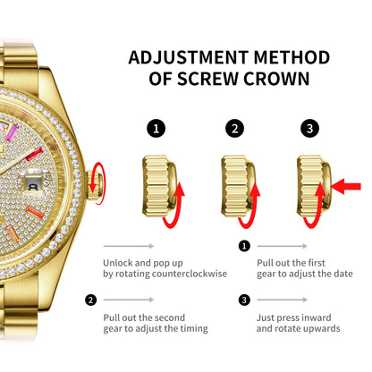 X-GEAR Men Luxury Watches Full diamond dial Diamond bezel Mechanical Watch Luminous Date Week Display Stainless Steel Case Strap