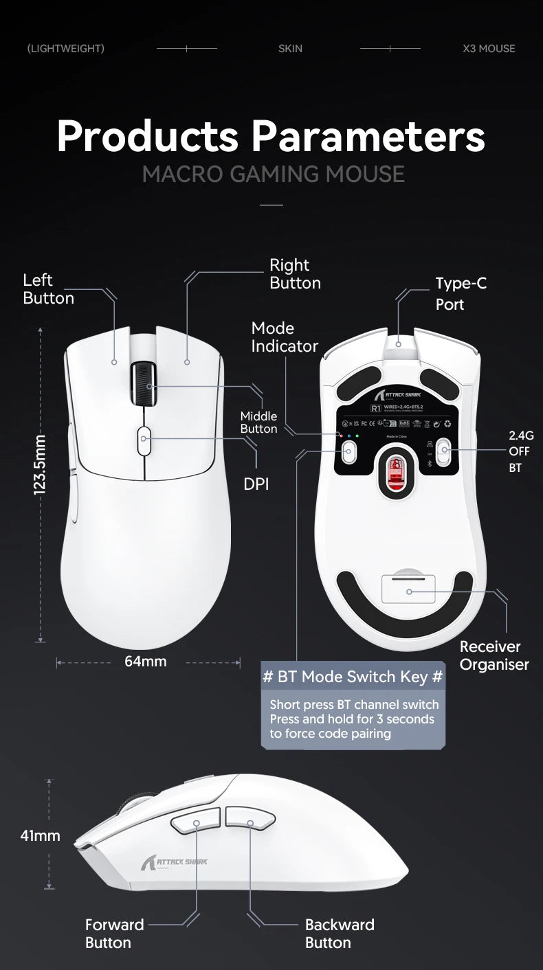 Ratón Bluetooth ATTACK SHARK R1 - Ratón viral reseñado por influencers, auténtico directo de la marca, sensor PAW3311 con 1K Hz para gaming