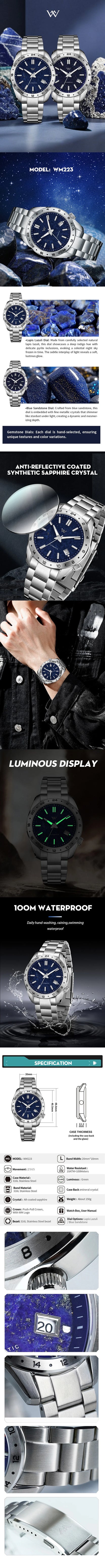 WM Watch Automatic Mechanical 2565 Watches Lapis Lazuli/Blue Sandstone Dial Waterproof AR Coated 100M Welly Merck Watch 223M