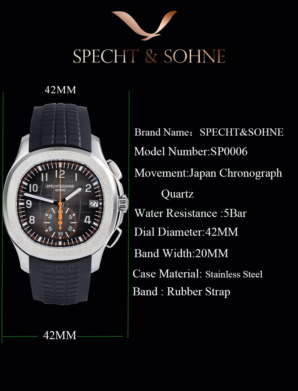 Specht & Söhne New Classic 5167 Men's Watch Orange Color Sapphire Crystal Rubber Strap Sports Male Quartz Watches 50M Waterproof
