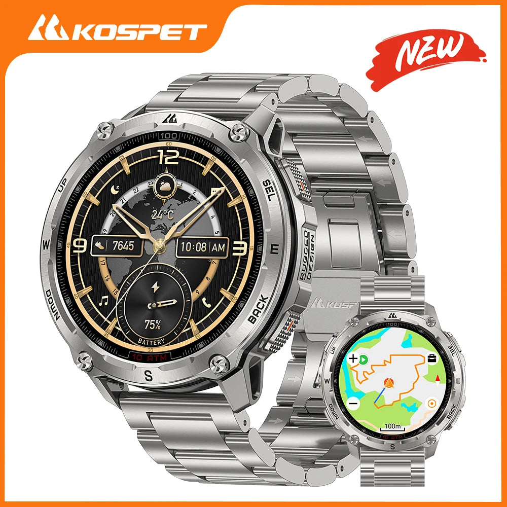KOSPET Tank T4 SE robuust smartwatch voor heren, militaire kwaliteit, volledig roestvrij staal, GPS, 100 m waterdicht, 45 m vrijduiken, gezondheidsmonitor