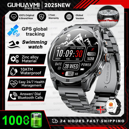 2026 New Military GPS Smart Watch 1000Mah Battery Compass IP68 Waterproof Tactics Sport Flashlight BT Call Smart Watch For Men