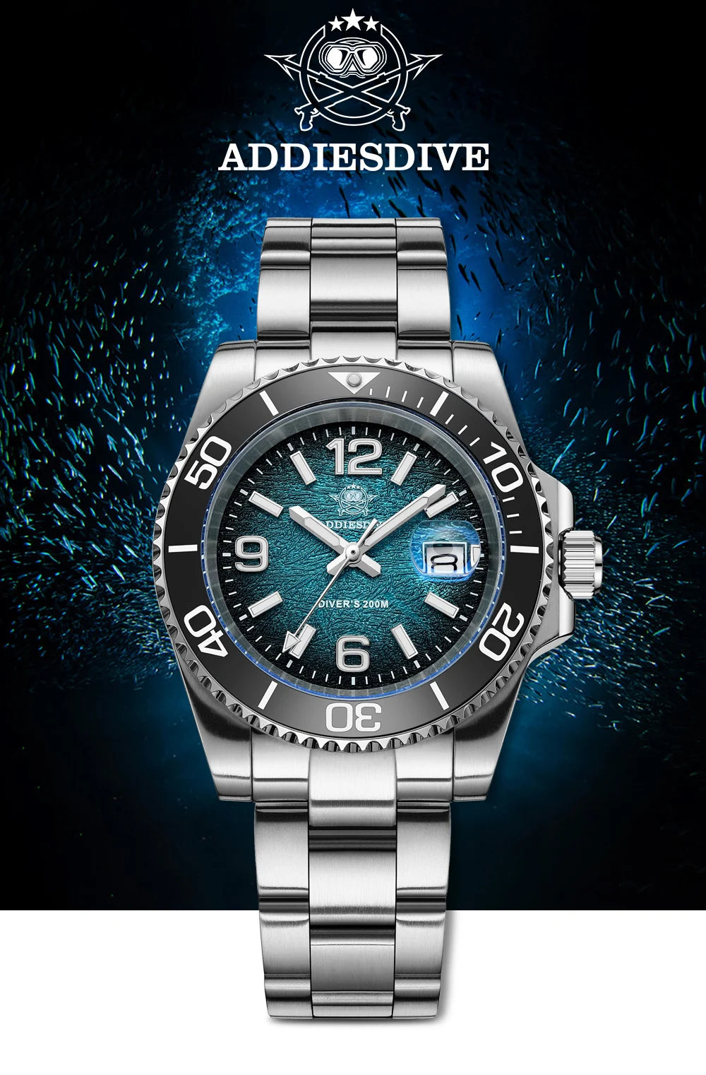 ADDIESDIVE 48mm Diver Watch Fashion Gradient Color Rotatable Bezel Quartz Watches Luminous 200m Waterproof Stainless Men's Watch