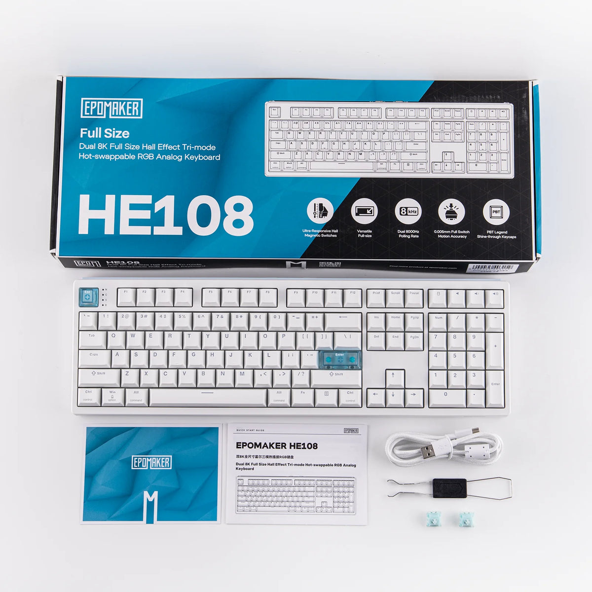 EPOMAKER HE108 100 % ANSI US QWERTY -asettelulla varustettu langallinen/BT/2,4 GHz langaton Hall-efektipohjainen mekaaninen näppäimistö, jossa on SOCD/DKS- ja Rapid Trigger -ominaisuudet
