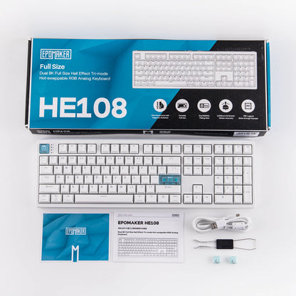 EPOMAKER HE108 100 % ANSI US QWERTY -asettelulla varustettu langallinen/BT/2,4 GHz langaton Hall-efektipohjainen mekaaninen näppäimistö, jossa on SOCD/DKS- ja Rapid Trigger -ominaisuudet