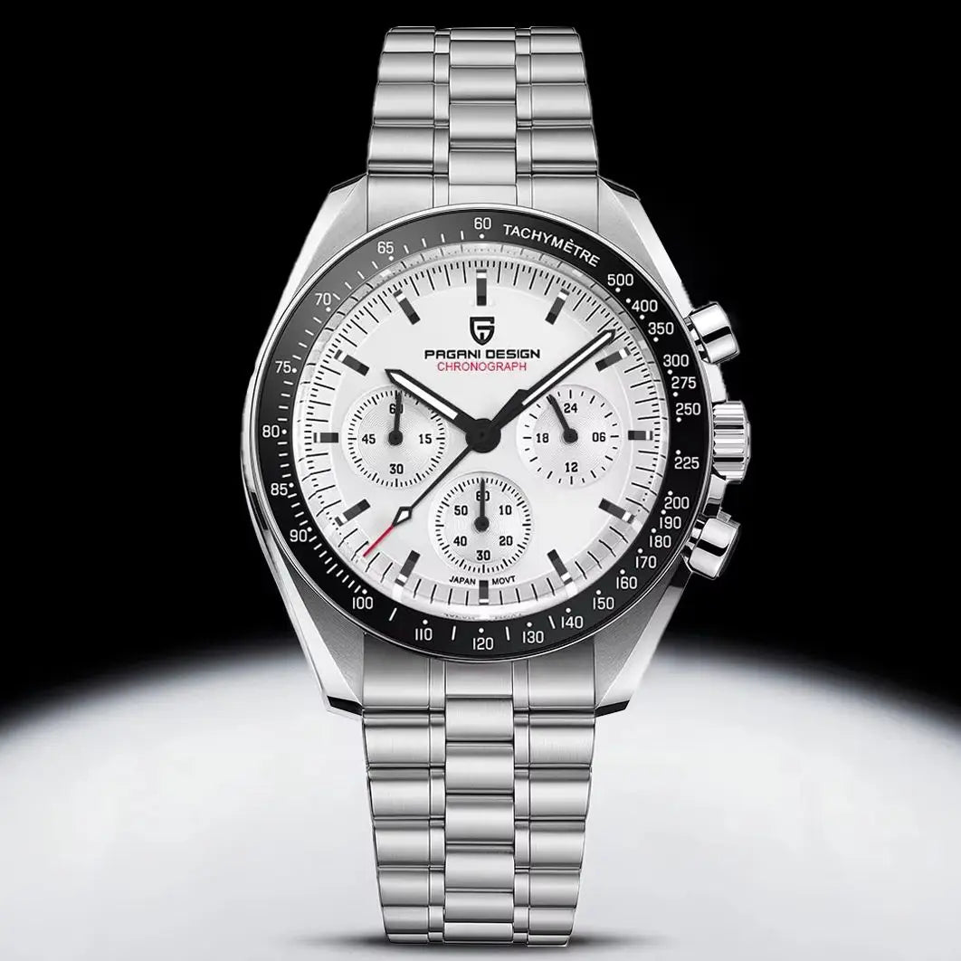 Montre pour homme PAGANI DESIGN (nouveau modèle V5 PD1701) – Chronographe sportif de type « Speed » à quartz, verre saphir avec traitement antireflet, étanche jusqu'à 100 mètres.