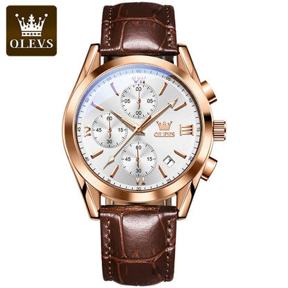 Montre-bracelet chronographe pour homme OLEVS 2872 – Bracelet en cuir, étanche, aiguilles luminescentes, mouvement à quartz, style sport de luxe