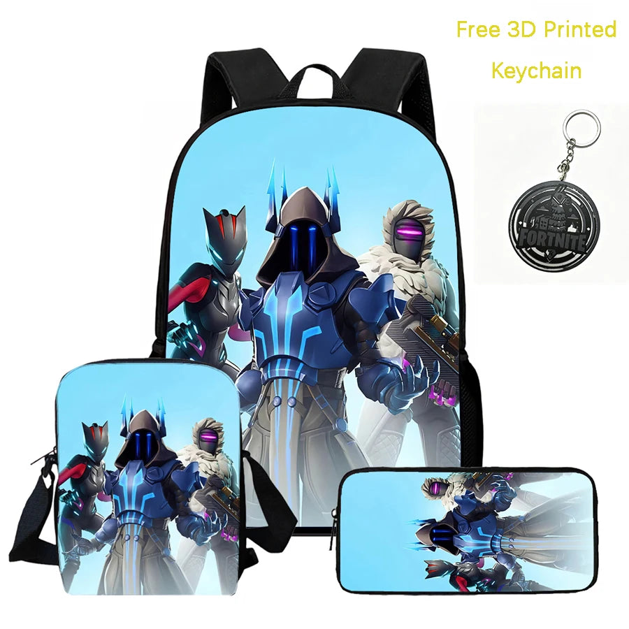 3Pcs Kids Backpack Set, Crossbody & Pencil Bag, FORTNITE Cartoon Bag, Lightweight for Boys Girls 5-10, Free 3D Printed Keychain