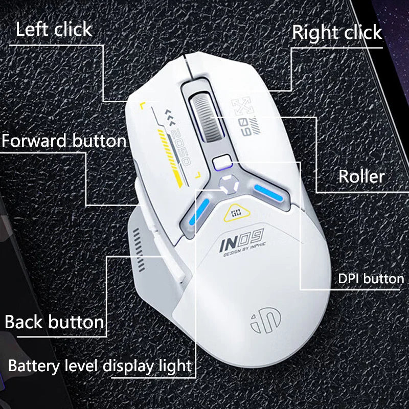 INPHIC IN9 Upgraded Wireless Gaming Mouse High DPI Tri-mode 2.4G Bluetooth Type-C Wired RGB Light Macro Programmable Mice for PC