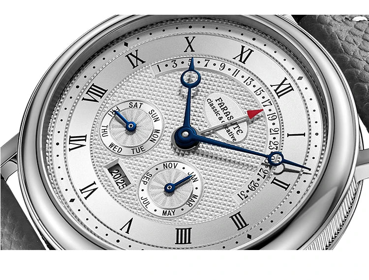 FARASUTE Men's Mechanical Watch Flyback Function Seagull Movement Month Display Week Display Calendar YearDisplay Sapphire Watch