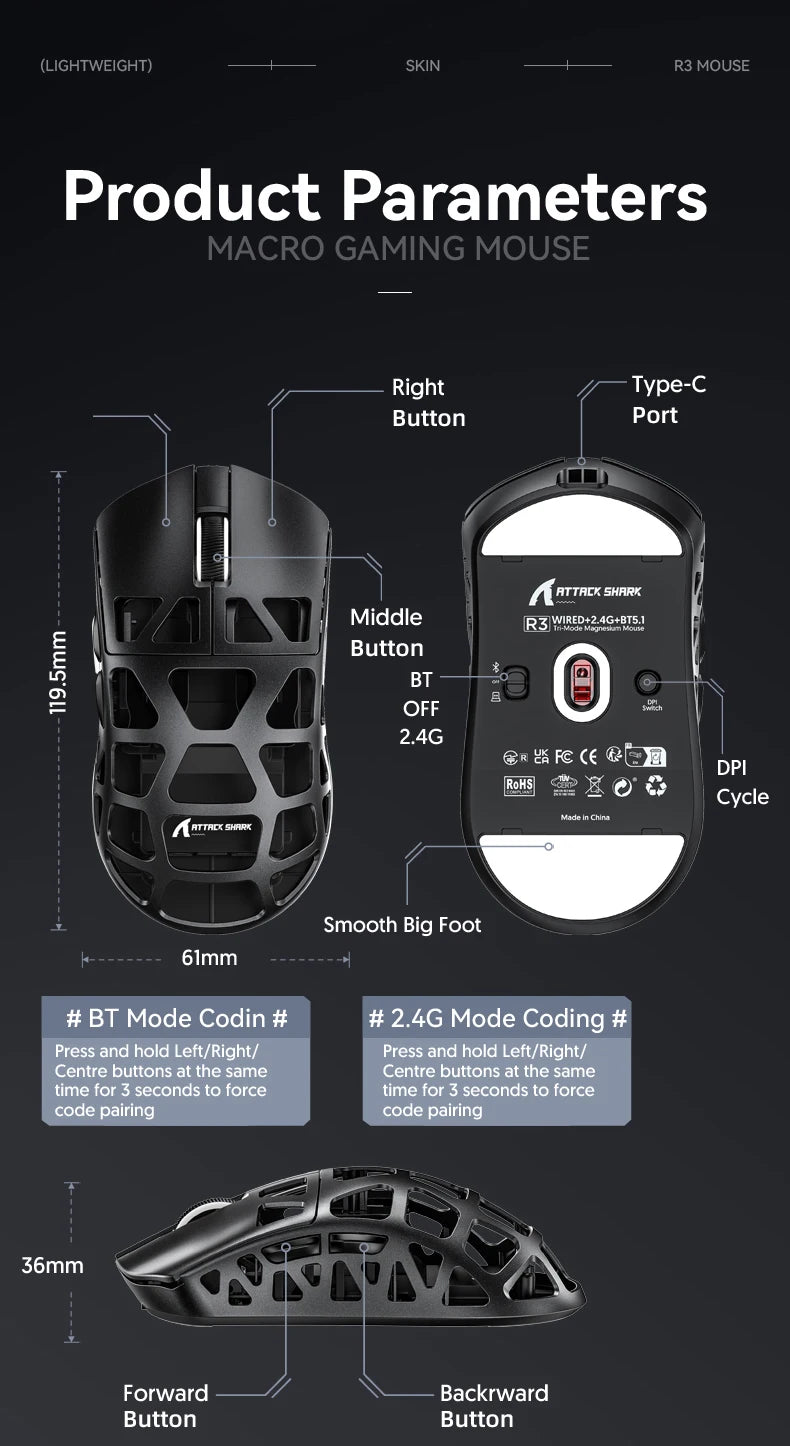 Gaming miška ATTACK SHARK R3 iz magnezijeve zlitine s satasto strukturo, izjemno lahka, 8K Hz, senzor PAW3395, 26000 DPI, ergonomska zasnova