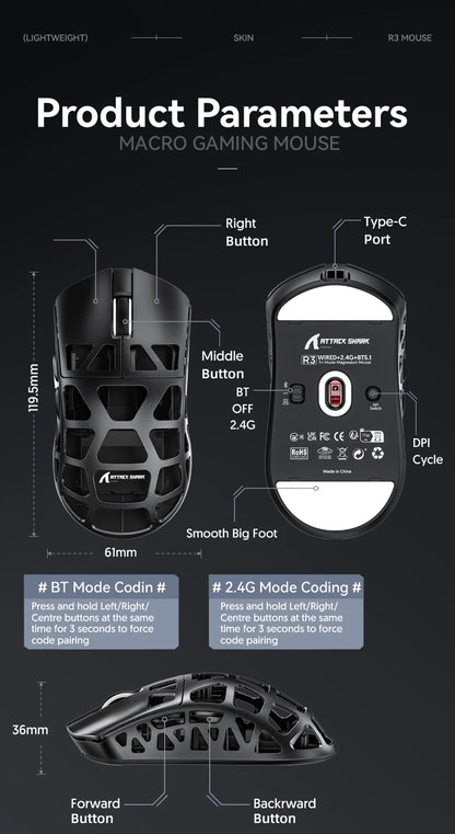 Gaming miška ATTACK SHARK R3 iz magnezijeve zlitine s satasto strukturo, izjemno lahka, 8K Hz, senzor PAW3395, 26000 DPI, ergonomska zasnova