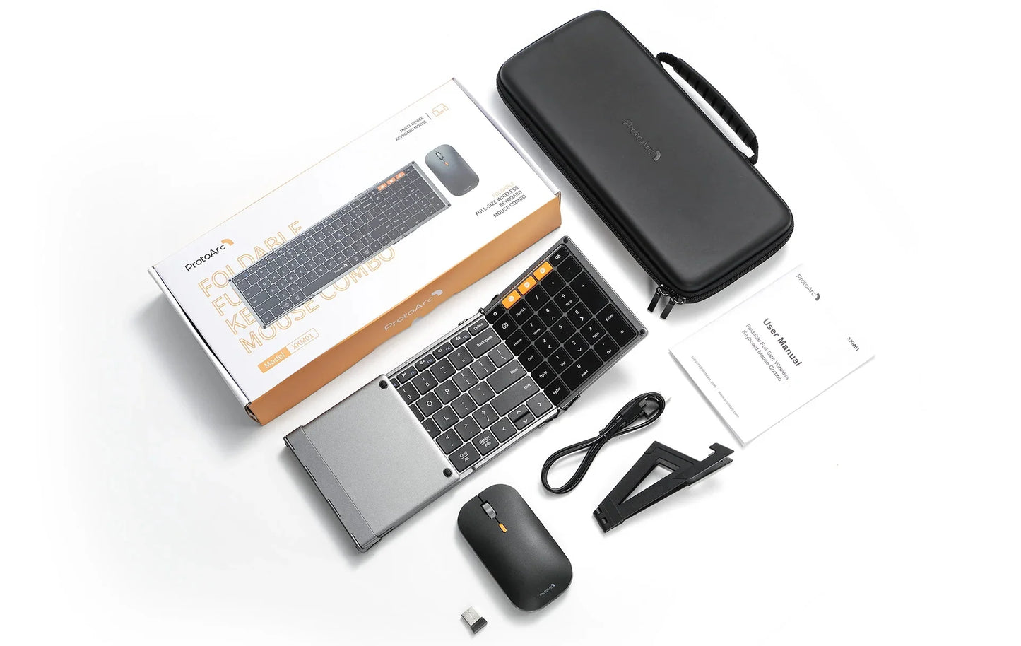 ProtoArc Foldable Keyboard and Mouse, XKM01 Combo for Business Travel 2.4G+Dual Bluetooth Portable for Laptop iPads Tablets