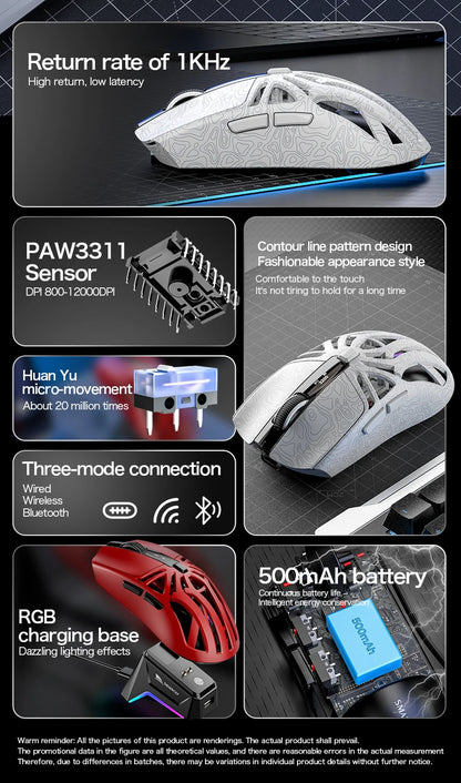 SMAILWOLF M8 Bluetooth Wireless Mouse, Three-Mode RGB Charging Base E-sports Gaming Mouse, PAW3311 Lightweight Gaming Office