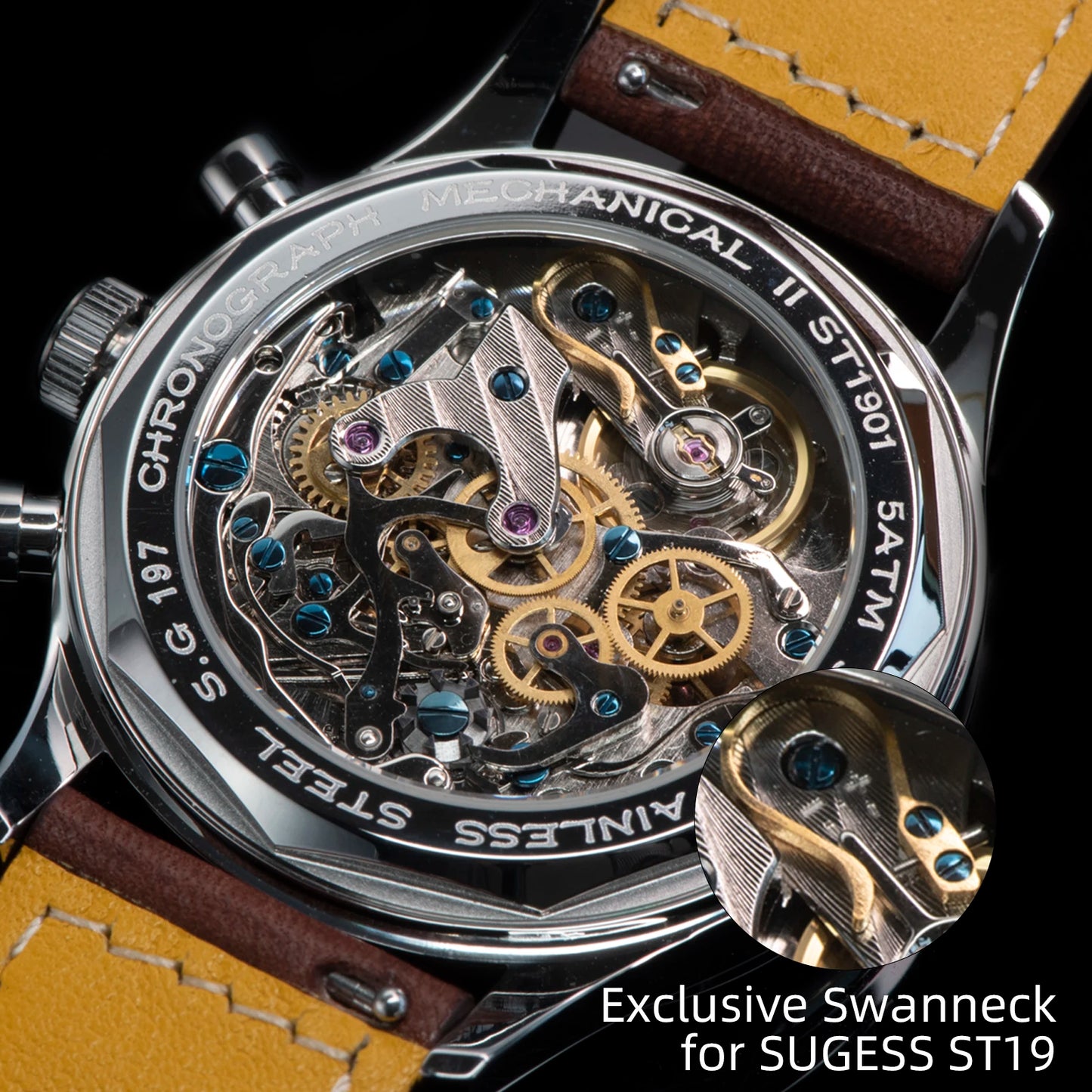 Sugess Pilot Watch ST19 Origin Movement Swanneck Wristwatch Mechanical Chronograph Sapphire Crystal Military Limited Racing 1963