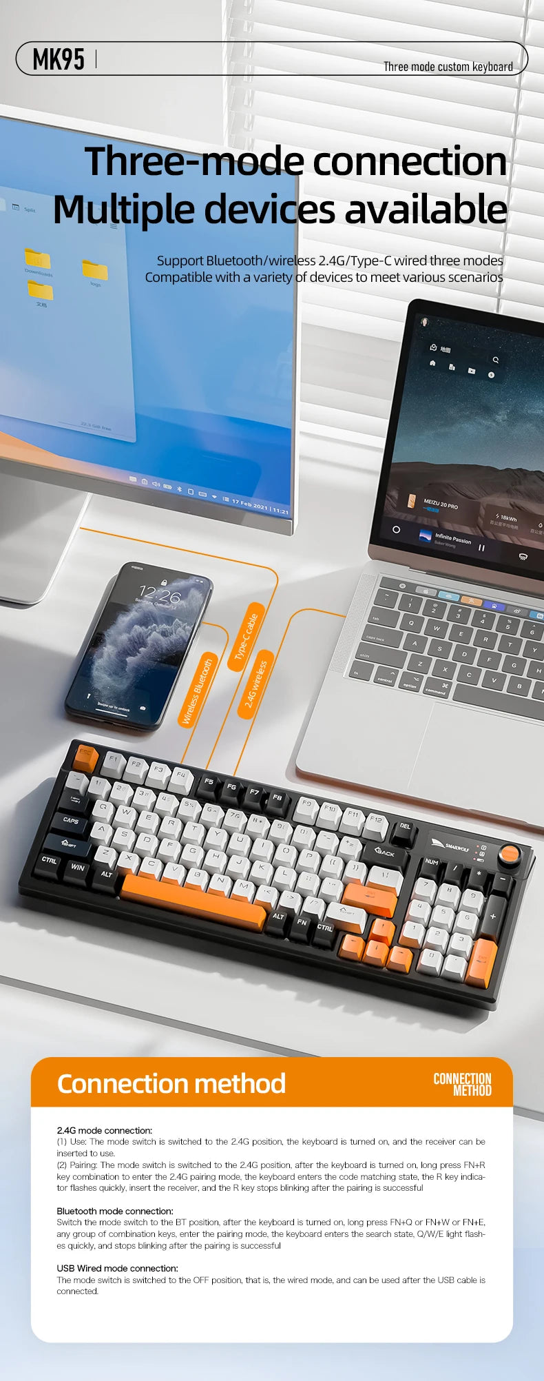 SMAILWOLF MK95 Bluetooth Wireless Korean Customized Mechanical Keyboard e-Sports 3 Modes Laptop Office Game Full Key Hot Swappable RGB Lighting Effects
