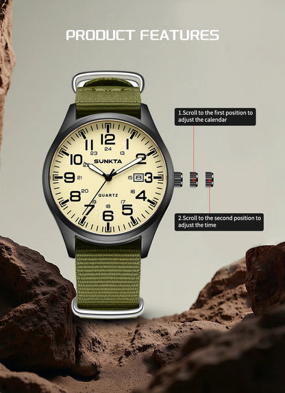SUNKTA Top luxe herenhorloges, modieuze casual quartz-polshorloges, lichtgevend, 30 m waterdicht, nylon, LIGE-horloges, cadeaus voor mannen, Reloj