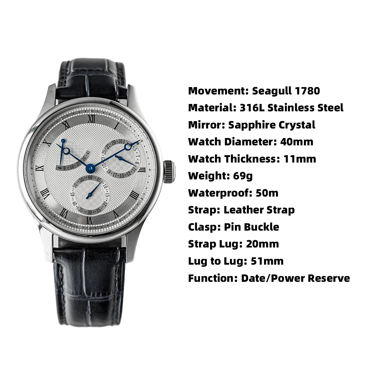 Men's Watch Pilot 40mm 1963 Automatic Mechanical Wristwatch Tianjin ST1780 Movement Army Designer Clock Men's Watches New 2024