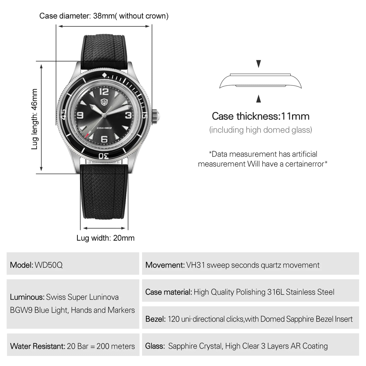 Watchdives WD50Q 38mm Watch Stainless Steel VH31 Sweep Seconds Quartz Movement Men Watches Bubble Sapphire Luminous Waterproof