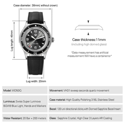 Watchdives WD50Q 38mm Watch Stainless Steel VH31 Sweep Seconds Quartz Movement Men Watches Bubble Sapphire Luminous Waterproof