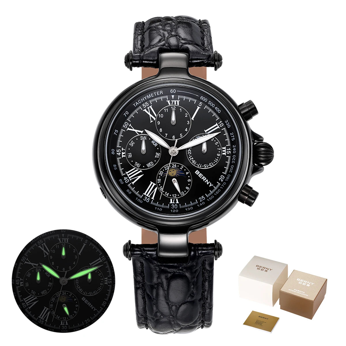 Montre automatique pour homme BERNY, style rétro, avec affichage Soleil et Lune, aiguilles luminescentes et mouvement ST1652 ; une montre mécanique classique et élégante, dotée d'un bracelet en cuir véritable.
