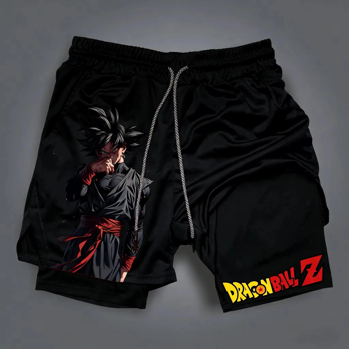 Pantalones cortos de moda con estampado de dragón y Goku del anime, de doble capa, lo último en primavera y verano: pantalones deportivos holgados y transpirables para hombre.