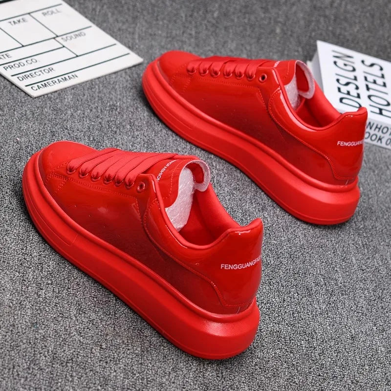 Red Lacquered Men's Shoes, Fashion Black Casual Skateboard Shoes, Outdoor Tennis Walking Shoes, Universal for Men and Women