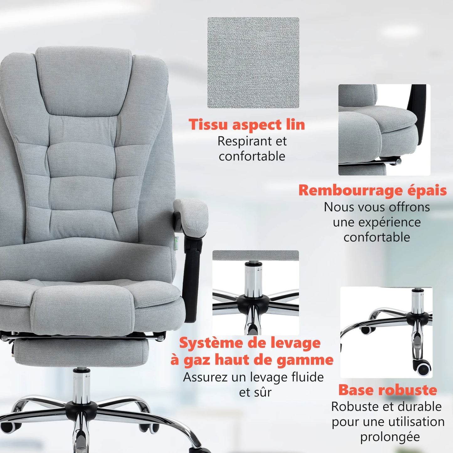 Massage and heated office chair, office chair, adjustable height, reclining back, 65x70x111-119cm, gray