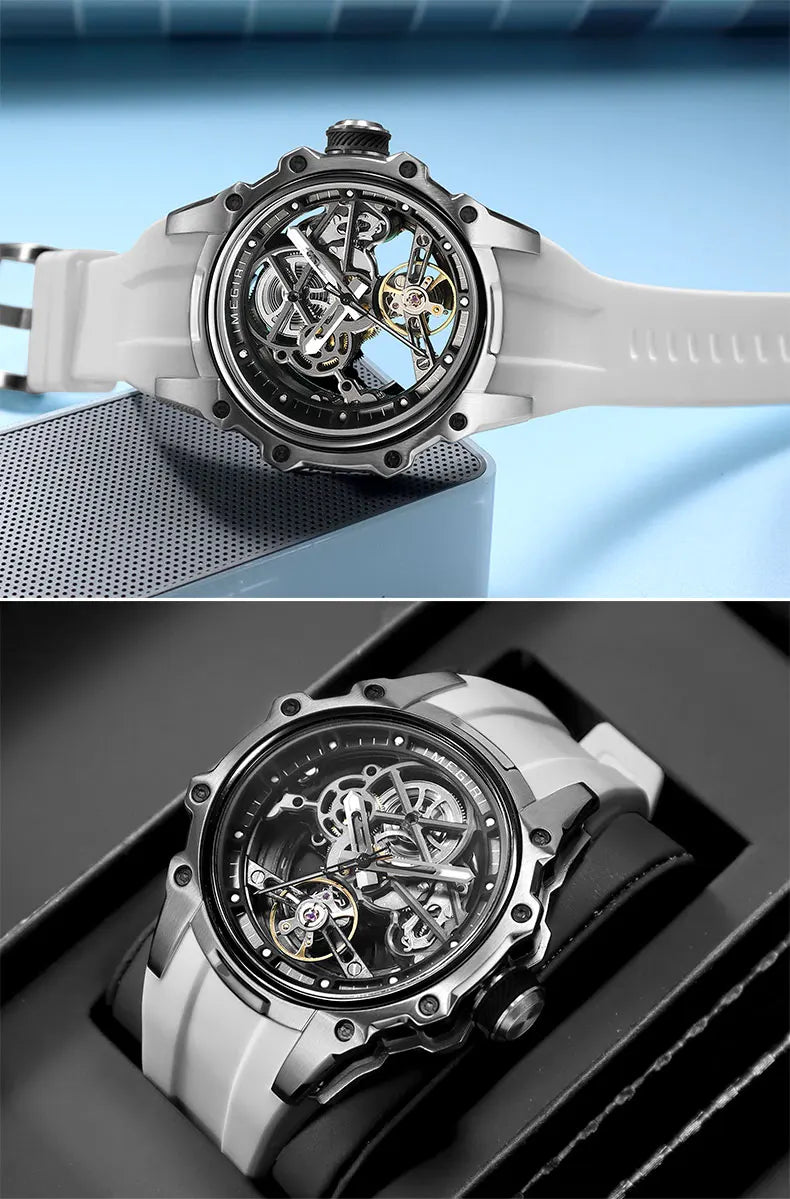 MEGIR Skeleton Dial Automatic Mechanical Watch Men Stainless Steel Case Waterproof Luminous Sport Wristwatch with Silicone Strap