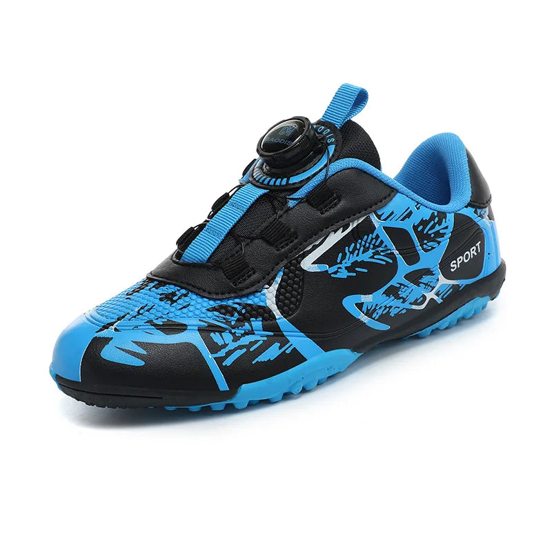 Chaussures de Football à lacets rapides pour enfants, blanches et bleues, crampons ultralégers de haute qualité, baskets de Football antidérapantes pour Match en plein air